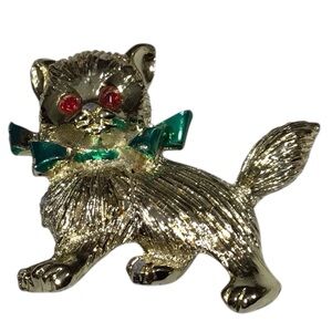 Christmas Kitty Cat Brooch Red Green Gold Tone Vintage Costume Fashion Jewelry